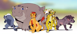 Size: 1600x726 | Tagged: safe, artist:kyander, beshte (the lion guard), bunga (the lion guard), fuli (the lion guard), jasiri (the lion guard), kion (the lion guard), ono (the lion guard), badger, big cat, bird, cheetah, egret, feline, heron, hippopotamus, honey badger, hyena, lion, mammal, mustelid, feral, disney, the lion guard, the lion king, 2d, female, group, looking at you, male, ungulate