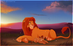 Size: 1400x895 | Tagged: safe, artist:x-zelfa, kopa (the lion king), simba (the lion king), big cat, feline, lion, mammal, feral, disney, the lion king, 2d, cloud, cub, duo, duo male, looking at each other, male, males only, young