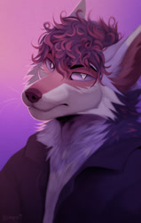 Size: 812x1280 | Tagged: safe, artist:zempy3, oc, oc only, oc:mercury (flame_mist), canine, fox, mammal, anthro, 2022, bust, cheek fluff, colored pupils, fluff, gradient background, hair, male, neck fluff, portrait, solo, solo male, whiskers, white pupils