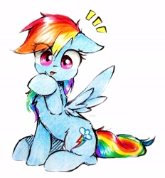 Size: 2335x2511 | Tagged: safe, artist:liaaqila, rainbow dash (mlp), equine, fictional species, mammal, pegasus, pony, feral, friendship is magic, hasbro, my little pony, 2022, feathered wings, feathers, female, grooming, high res, licking, mare, mlem, simple background, sitting, solo, solo female, surprised, tail, tongue, tongue out, white background, wings