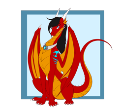Size: 2000x1800 | Tagged: safe, artist:tomek1000, oc, oc:tiana, dragon, fictional species, western dragon, feral, black hair, blue eyes, female, hair, horns, looking at you, paws, red body, simple background, solo, solo female, tail, wings