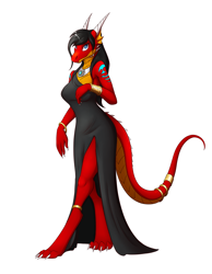 Size: 1400x1800 | Tagged: safe, artist:tomek1000, oc, oc:tiana, dragon, fictional species, western dragon, anthro, anklet, black hair, blue eyes, bracelet, clothes, dress, hair, horns, jewelry, looking at you, red body, scales, side slit, simple background, solo, tail, tail jewelry, tail ring, white background