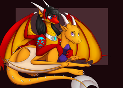 Size: 2500x1800 | Tagged: safe, artist:tomek1000, oc, oc only, oc:general dragon, oc:tiana, dragon, fictional species, western dragon, feral, blue eyes, digital art, duo, female, horns, male, orange body, paws, purple eyes, red body, spiked tail, tail, wings