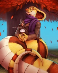 Size: 1638x2048 | Tagged: safe, artist:defiant_drills, oc, oc:fora, fictional species, reptile, snake, anthro, naga, clothes, coffee, drink, female, glasses, hood, plant, relaxing, round glasses, scarf, solo, solo female, sweater, topwear, tree