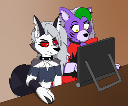Size: 3000x2500 | Tagged: suggestive, artist:miguelisaurusptor, loona (vivzmind), roxanne wolf (fnaf), animatronic, canine, demon, fictional species, hellhound, mammal, robot, wolf, anthro, five nights at freddy's, five nights at freddy's: security breach, helluva boss, blushing, body markings, clothes, colored sclera, computer, computer mouse, confused, crop top, duo, ear piercing, earring, embarrassed, eyebrows, facial markings, female, fur, gradient background, gray body, gray fur, gray hair, green hair, hair, head marking, meta, midriff, monitor, multicolored fur, multicolored hair, piercing, purple body, raised eyebrow, red sclera, simple background, topwear, two toned body, two toned fur, two toned hair, unamused, unimpressed, white body, white eyes, white fur, white hair, wide eyes, yellow eyes