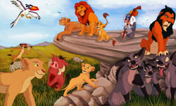 Size: 1000x600 | Tagged: safe, artist:gashu-monsata, banzai (the lion king), ed (the lion king), mufasa (the lion king), nala (the lion king), pumbaa (the lion king), rafiki (the lion king), sarabi (the lion king), sarafina (the lion king), scar (the lion king), shenzi (the lion king), simba (the lion king), timon (the lion king), zazu (the lion king), big cat, bird, feline, hornbill, hyena, lion, mammal, mandrill, meerkat, mongoose, monkey, primate, suid, warthog, feral, disney, the lion king, 2011, 2d, cub, eye scar, female, group, large group, lioness, male, paw pads, paws, rock, scar, ungulate, young