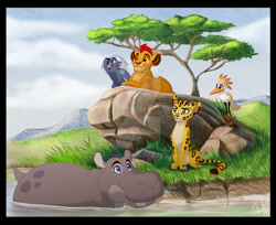 Size: 989x808 | Tagged: safe, artist:tc-96, beshte (the lion guard), bunga (the lion guard), fuli (the lion guard), kion (the lion guard), ono (the lion guard), badger, big cat, bird, cheetah, egret, feline, heron, hippopotamus, honey badger, lion, mammal, mustelid, feral, disney, the lion guard, the lion king, 2d, cub, deviantart watermark, female, group, letterboxing, male, partially submerged, plant, rock, tree, water, watermark, young