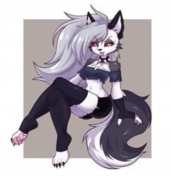 Size: 1969x2048 | Tagged: safe, artist:artkett1412, loona (vivzmind), canine, fictional species, hellhound, mammal, anthro, digitigrade anthro, hazbin hotel, helluva boss, 2022, belly button, border, breasts, butt, claws, clothes, colored sclera, crop top, ear fluff, eyelashes, female, fingerless gloves, fluff, gloves, gray hair, hair, legs, long hair, looking at you, midriff, paw pads, paws, red sclera, solo, solo female, tail, tail fluff, thighs, topwear, white border
