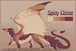 Size: 3184x2114 | Tagged: dead source, safe, oc, oc only, oc:spiny chime, dragon, fictional species, feral, 2022, ambiguous gender, bell, border, character name, claws, color palette, horns, paws, reference sheet, solo, spread wings, tail, text, winged arms, wings