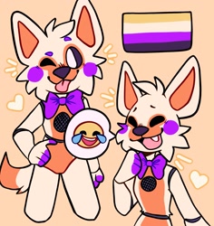 Size: 1937x2048 | Tagged: safe, artist:pebblefroot, lolbit (fnaf), animatronic, canine, fictional species, fox, mammal, robot, five nights at freddy's, bow, bow tie, clothes, emoji, eyes closed, flag, hand on hip, heart, laughing, nonbinary, nonbinary pride flag, one eye closed, orange background, pride flag, simple background, solo, standing, tongue, tongue out, winking