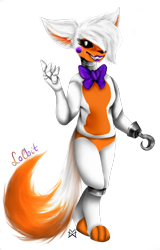 Size: 692x1080 | Tagged: safe, artist:maximaxart, lolbit (fnaf), canine, fox, mammal, five nights at freddy's, bow, bow tie, clothes, female, gritted teeth, hair, hair over one eye, hook, looking at you, redraw, signature, simple background, smiling, solo, solo female, standing, teeth, transparent background