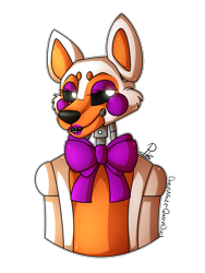 Size: 774x1032 | Tagged: safe, artist:chocowhite-queenduck, artist:xpurplepiex, lolbit (fnaf), animatronic, canine, fictional species, fox, mammal, robot, five nights at freddy's, 2017, bow, bow tie, clothes, female, glowing, glowing eyes, signature, simple background, smiling, solo, solo female, standing, transparent background