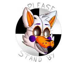 Size: 1700x1400 | Tagged: safe, artist:nobbiee, lolbit (fnaf), animatronic, canine, fictional species, fox, mammal, robot, five nights at freddy's, 2016, black sclera, colored sclera, english text, eyelashes, glowing, glowing eyes, head only, looking at you, please stand by, redraw, simple background, solo, text, transparent background