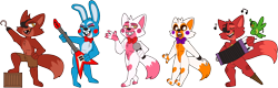 Size: 1702x542 | Tagged: safe, artist:thedyingnebula, foxy (fnaf), lolbit (fnaf), mangle (fnaf), toy bonnie (fnaf), animatronic, canine, fictional species, fox, lagomorph, mammal, rabbit, robot, five nights at freddy's, 2018, accordion, bow, bow tie, clothes, eyepatch, group, guitar, holding, holding object, microphone, musical instrument, musical note, rockstar foxy (fnaf), simple background, transparent background
