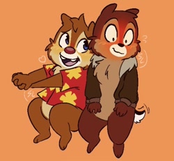 Size: 540x500 | Tagged: safe, artist:sharklegos, chip (disney), dale (disney), chipmunk, mammal, rodent, chip 'n dale: rescue rangers, disney, mickey and friends, 2022, blushing, chale (disney), clothes, heart, jacket, male, male/male, missing accessory, orange background, shipping, shirt, shrunken pupils, simple background, sitting, smiling, topwear