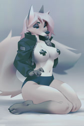 Size: 666x1000 | Tagged: suggestive, artist:miles-df, oc, oc only, canine, mammal, wolf, anthro, digitigrade anthro, 2022, bedroom eyes, belly button, black nose, bottomwear, breasts, clothes, digital art, ears, eyelashes, female, fur, hair, jacket, kneeling, nipple tape, pose, shorts, solo, solo female, tail, thighs, topwear, wide hips