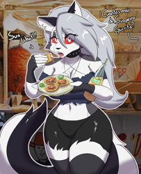 Size: 3171x3909 | Tagged: safe, artist:nexcoyotlgt, loona (vivzmind), canine, fictional species, hellhound, mammal, anthro, hazbin hotel, helluva boss, 2022, belly button, black nose, blurred background, bottomwear, breasts, cheek fluff, clothes, collar, colored sclera, detailed background, dialogue, digital art, ears, eating, evening gloves, eyelashes, female, fingerless gloves, fluff, fur, gloves, hair, legwear, long gloves, looking at you, loona in mexico, meme, open mouth, red sclera, sharp teeth, shorts, solo, solo female, spanish text, spiked collar, stockings, taco, tail, talking, talking to viewer, tank top, teeth, text, thighs, tongue, topwear, translation request, wide hips