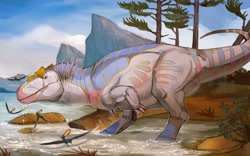 Size: 2750x1721 | Tagged: safe, artist:art of the beast, dinosaur, giganotosaurus, pterosaur, reptile, theropod, feral, ambiguous gender, ambiguous only, group