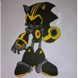 Size: 894x894 | Tagged: safe, artist:xxlailahell7firex, shard the metal (sonic), fictional species, hedgehog, mammal, robot, anthro, plantigrade anthro, archie sonic the hedgehog, sega, sonic the hedgehog (series), looking down, male, solo, solo male, traditional art