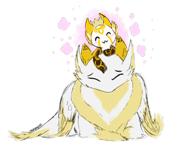 Size: 1508x1290 | Tagged: safe, angel, dragon, fictional species, bean, crown, cute, dragon prophet, feathers, gold, headwear, jewelry, naana, naanahstnil, prophet, regalia, smiling, smol, whirlmoon, white, wholesome, yellow