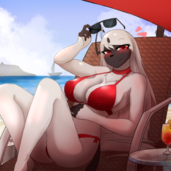 Size: 900x900 | Tagged: safe, artist:fredory, oc, oc only, absol, fictional species, mammal, anthro, digitigrade anthro, nintendo, pokémon, 2022, absolute cleavage, anthrofied, beach, beach chair, beach umbrella, bedroom eyes, big breasts, bikini, black nose, blushing, breasts, butt, chair, chest fluff, cleavage, clothes, cloud, detailed background, digital art, ears, eyelashes, female, fluff, fur, glasses, glasses off, hair, horn, looking at you, ocean, pose, red eyes, sand, sitting, sky, solo, solo female, sunglasses, swimsuit, tail, thighs, umbrella, underass, water, white body, wide hips