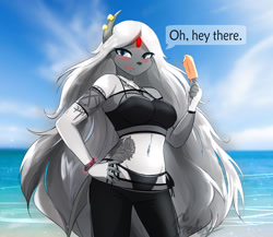 Size: 1280x1110 | Tagged: safe, artist:fredory, oc, oc only, absol, fictional species, mammal, anthro, digitigrade anthro, nintendo, pokémon, 2021, beach, bedroom eyes, belly button, bikini, black nose, blushing, bottomwear, breasts, chest fluff, clothes, cloud, crop top, detailed background, digital art, ears, eyelashes, female, fluff, fur, hair, hand on hip, horn, looking at you, ocean, pants, pose, sand, sky, solo, solo female, swimsuit, tail, tank top, thighs, topwear, water, wide hips