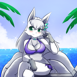 Size: 800x800 | Tagged: safe, artist:fredory, oc, oc only, alolan vulpix, fictional species, vulpix, anthro, nintendo, pokémon, 2020, beach, belly button, bikini, black nose, blushing, breasts, clothes, cloud, detailed background, digital art, ears, eyelashes, female, flower, flower in hair, fur, hair, hair accessory, jewelry, looking at you, necklace, ocean, plant, pose, sand, sitting, sky, solo, solo female, swimsuit, tail, thighs, water, wide hips