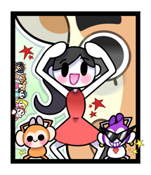 Size: 1308x1522 | Tagged: safe, artist:dmismo, tap trial girl (rhythm heaven), giraffe, human, mammal, monkey, primate, feral, semi-anthro, nintendo, rhythm heaven, 2022 8, ambiguous gender, animal costume, behaving like a monkey, blushing, clothes, costume, dress, ear piercing, earring, female, glasses, open mouth, partially transparent background, piercing, raised arms, self paradox, size difference, smiling, stars, sunglasses, transparent background