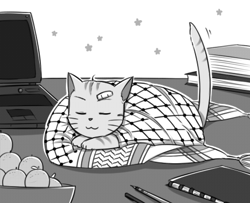 Size: 459x373 | Tagged: safe, artist:chamomilliya, cat, feline, mammal, feral, ambiguous gender, bandage, blanket, book, bowl, container, eyes closed, food, fruit, grayscale, laptop, low res, lying down, monochrome, notebook, orange, palestine, pen, pencil, prone, sleeping, solo, solo ambiguous, stars, tail