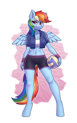 Size: 2208x3508 | Tagged: safe, artist:dandy, rainbow dash (mlp), equine, fictional species, mammal, pegasus, pony, anthro, unguligrade anthro, friendship is magic, hasbro, my little pony, 2022, anthrofied, ball, belly button, belly piercing, blue body, bottomwear, clothes, ear piercing, feathered wings, feathers, female, hair, high res, hooves, jersey, looking at you, mane, midriff, piercing, rainbow hair, rainbow mane, rainbow tail, shorts, smiling, smirk, solo, solo female, sports, sports bra, sports shorts, tail, topwear, volleyball, wings