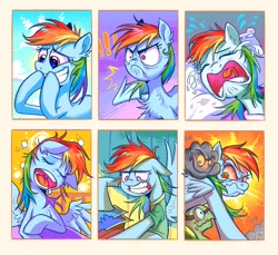 Size: 2048x1878 | Tagged: safe, artist:jficbcpcr6eyujo, rainbow dash (mlp), tank (mlp), equine, fictional species, mammal, pegasus, pony, reptile, tortoise, feral, friendship is magic, hasbro, idw, my little pony, spoiler:comic41, 2022, angry, bloodshot eyes, chest fluff, colored, covering mouth, crying, digital art, dreary, faic, fluff, goggles, grin, read it and weep, saliva, sleeping, smiling, snoring, tanks for the memories