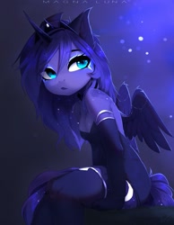 Size: 2430x3133 | Tagged: safe, artist:magnaluna, princess luna (mlp), alicorn, equine, fictional species, mammal, pony, anthro, friendship is magic, hasbro, my little pony, 2022, anthrofied, clothes, eyelashes, feathered wings, feathers, female, high res, horn, legwear, looking at you, looking back, mare, sitting, solo, solo female, stockings, tail, thigh highs, wings