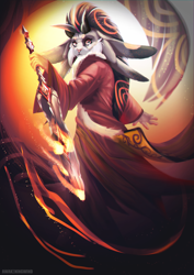 Size: 2480x3508 | Tagged: safe, artist:awakeningwind, oc, oc only, fictional species, anthro, clothes, epic, fantasy, fire, fur, hair, krilion, looking at you, magic, splash, sword, weapon