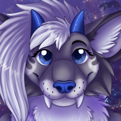Size: 1500x1500 | Tagged: safe, artist:thatblackfox, feline, mammal, saber-toothed cat, blue eyes, ears, female, fur, gray body, gray fur, horns, icon, looking at you, sabertooth