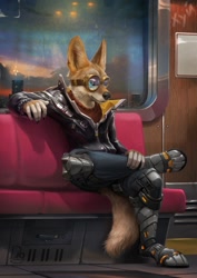 Size: 905x1280 | Tagged: safe, artist:diggerthefox, canine, coyote, mammal, anthro, 2022, ambiguous gender, blue eyes, clothes, digital art, ears, fur, goggles, indoors, jacket, sitting, solo, tail, tan body, tan fur, topwear