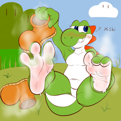 Size: 1273x1280 | Tagged: safe, artist:vendetta892, yoshi (mario), fictional species, yoshi (species), anthro, plantigrade anthro, mario (series), nintendo, barefoot, feet, fetish, foot fetish, foot focus, male, soles, solo, solo male, toes