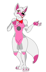 Size: 640x996 | Tagged: safe, artist:dino20bryan, funtime foxy (fnaf), animatronic, canine, fictional species, fox, mammal, robot, five nights at freddy's, bow, bow tie, claws, clothes, female, gritted teeth, looking at you, simple background, smiling, smiling at you, standing, teeth, transparent background