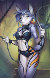 Size: 583x900 | Tagged: suggestive, artist:yulliandress, canine, mammal, anthro, 2017, breasts, chains, cleavage, clothes, cyan eyes, digital art, ears, female, fur, gray body, gray fur, gray hair, hair, long tail, solo, solo female, tail, tail tuft, white body, white fur