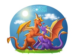 Size: 1500x1095 | Tagged: safe, artist:jewelthiefsart, flame the dragon (spyro), spyro the dragon (spyro), oc, dragon, fictional species, western dragon, feral, spyro the dragon (series), duo, duo male, eyes closed, fantasy, heart, horns, male, male/male, males only, orange body, purple body, spyro/flame (spyro), tail, wings