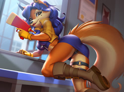 Size: 1280x948 | Tagged: suggestive, artist:pak009, carmelita fox (sly cooper), canine, fox, mammal, anthro, sly cooper (series), 2022, accessories, bedroom eyes, belly button, black nose, boots, bottomwear, breasts, butt, cameltoe, cheek fluff, clothes, cloud, crop top, detailed background, digital art, ears, eyelashes, female, fluff, fur, gloves, gun, hair, handgun, jacket, looking at you, looking back, looking back at you, panties, pose, shoes, side view, sideboob, skirt, sky, solo, solo female, tail, tank top, thighs, topwear, underwear, vixen, weapon, wide hips