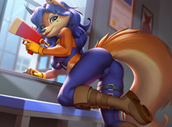 Size: 1280x948 | Tagged: suggestive, alternate version, artist:pak009, carmelita fox (sly cooper), canine, fox, mammal, anthro, sly cooper (series), 2022, accessories, bedroom eyes, belly button, black nose, boots, bottomwear, breasts, butt, cameltoe, cheek fluff, clothes, cloud, crop top, detailed background, digital art, ears, eyelashes, female, fluff, fur, gloves, gun, hair, handgun, looking at you, looking back, looking back at you, pants, pose, shoes, side view, sideboob, sky, solo, solo female, tail, tank top, thighs, topwear, vixen, weapon, wide hips