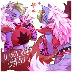 Size: 1280x1280 | Tagged: safe, artist:myoniis_, roxanne wolf (fnaf), canine, mammal, wolf, anthro, five nights at freddy's, five nights at freddy's: security breach, 2022, belly button, breasts, clothes, collar, crop top, devil horns (gesture), dipstick tail, ear fluff, ear piercing, earring, female, fluff, green hair, hair, long hair, looking at you, midriff, piercing, solo, solo female, spiked collar, spiked wristband, tail, tongue, tongue out, topwear, white hair, wristband, yellow eyes