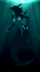 Size: 3400x6000 | Tagged: suggestive, artist:moonhoek, oc, oc only, oc:norvina, canine, cetacean, fictional species, fish, hybrid, mammal, orca, wolf, anthro, aquatic, breasts, claws, digital art, fangs, female, fins, fish tail, fluff, full body, fur, fursona, head fluff, ocean, orcawolf, paw pads, paws, sharp teeth, solo, solo female, tail, teeth, underwater, water