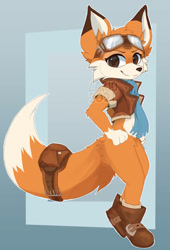 Size: 736x1085 | Tagged: safe, artist:larioh, lyra swiftail (super lucky's tale), canine, fox, mammal, anthro, super lucky's tale, 2021, belly button, belt, blue scarf, boots, bottomless, brown eyes, brown nose, butt, cheek fluff, clothes, digital art, ear fluff, female, fluff, footwear, fur, goggles, goggles on head, gray background, gray border, head fluff, jacket, looking at you, multicolored fur, nudity, orange body, orange fur, partial nudity, scarf, shoes, side view, simple background, smiling, solo, solo female, tail, tail fluff, topwear, two toned body, two toned fur, watermark, white body, white fur