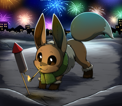 Size: 2056x1792 | Tagged: safe, artist:otakuap, eevee, eeveelution, fictional species, mammal, feral, nintendo, pokémon, 2022, ambiguous gender, black nose, digital art, ears, fireworks, fluff, fur, holding, holiday, mouth hold, neck fluff, new year, paws, solo, solo ambiguous, tail