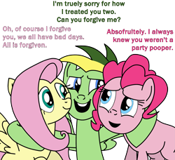 Size: 1979x1808 | Tagged: safe, artist:didgereethebrony, fluttershy (mlp), pinkie pie (mlp), oc, oc:didgeree, earth pony, equine, fictional species, mammal, pegasus, pony, feral, friendship is magic, hasbro, my little pony, trace, base used, dialogue, female, group, male, on model, simple background, talking, transparent background
