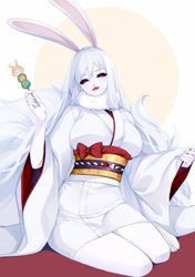 Size: 1757x2490 | Tagged: safe, artist:crazy_otama, carrot (one piece), lagomorph, mammal, rabbit, anthro, one piece, big breasts, breasts, female, kimono (clothing), kneeling, looking at you, open mouth, open smile, red eyes, smiling, smiling at you, solo, solo female, sulong carrot (one piece), thick thighs, thighs, wide hips
