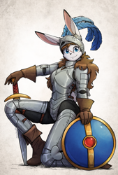 Size: 1263x1872 | Tagged: safe, artist:otakuap, oc, oc:alenora, lagomorph, mammal, rabbit, anthro, 2023, 2d, abstract background, armor, black nose, blue eyes, closed mouth, closed smile, clothes, cute, ears, eyelashes, female, fur, gloves, hair, happy, headwear, helmet, long ears, long hair, looking at you, pointy ears, pose, scar, shield, short tail, signature, smiling, smiling at you, solo, solo female, sword, tail, weapon, white body, white fur