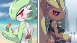 Size: 1920x1080 | Tagged: safe, artist:drunk_oak, fictional species, gardevoir, lopunny, mammal, nintendo, pokémon, 16:9, 2022, black sclera, breasts, colored sclera, digital art, duo, duo female, female, females only, fur, hair, looking at you, looking back, looking back at you, open mouth, pink nose, rear view, sideboob, tongue