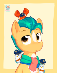 Size: 1015x1285 | Tagged: safe, artist:rainbow eevee, hitch trailblazer (mlp), arthropod, bird, crab, earth pony, equine, fictional species, mammal, pony, hasbro, my little pony, my little pony g5, spoiler:my little pony g5, badge, brown eyes, chest fluff, clothes, coat markings, critter magnet, cute, eyebrows, fluff, frowning, hair, hat, headwear, hitch trailblazer is not amused, hitchbetes, lidded eyes, looking at you, male, mcsnips-a-lot, multicolored hair, my little pony: tell your tale, orange coat, police hat, scarf, simple background, solo, solo male, two toned hair, unamused